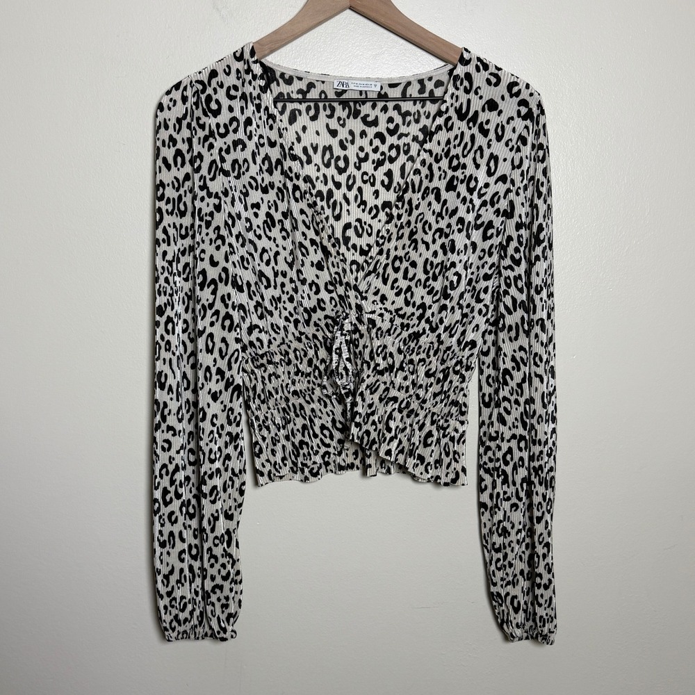 Zara Womens Blouse Medium Black White Leopard Print Pleated Smocked Office Fall